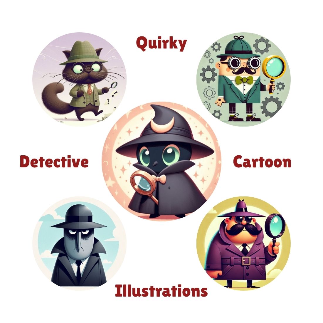 Quirky Detective Cartoon Illustrations preview image.