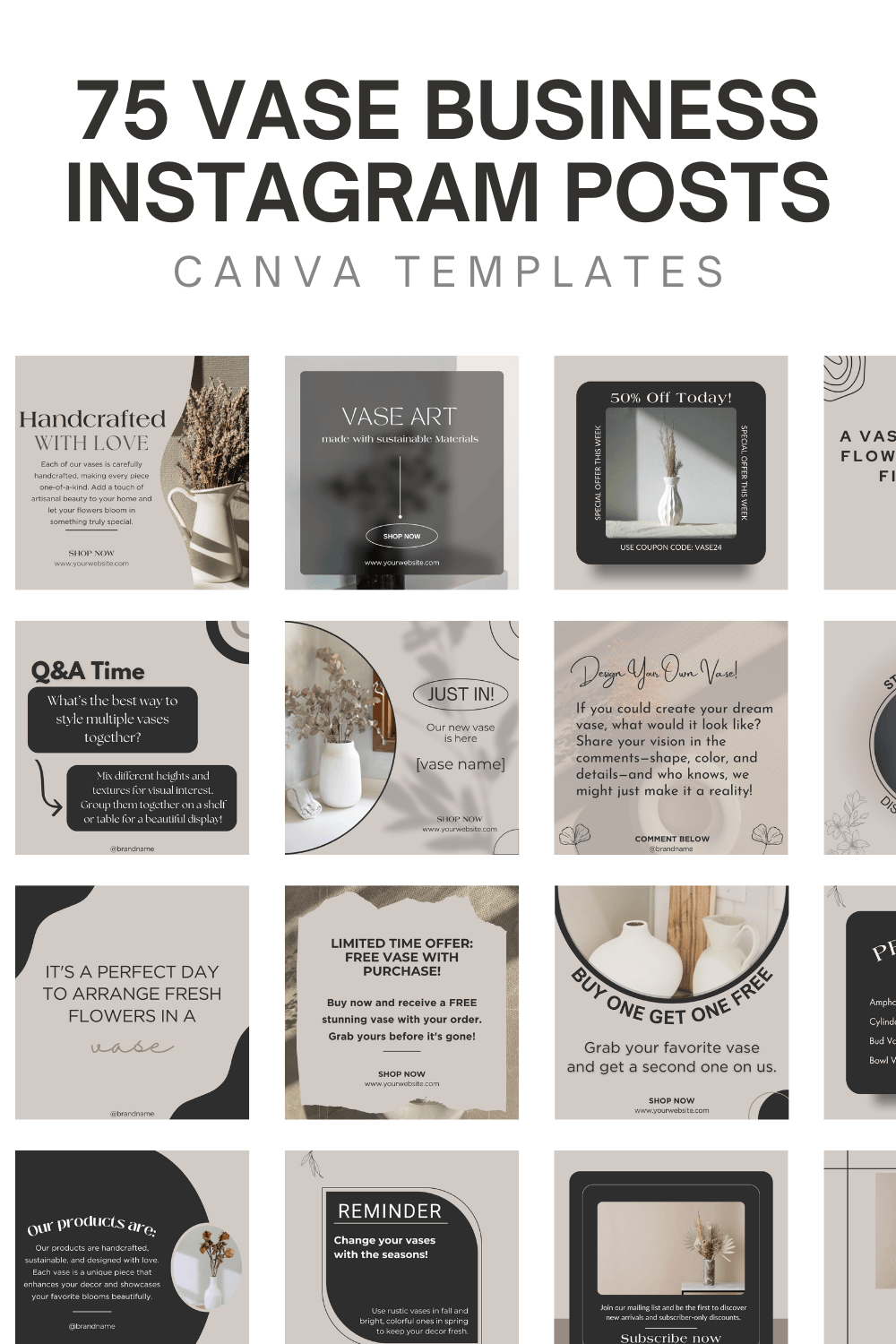 75 Vase Business Instagram Post Templates - Pottery Business Marketing pinterest preview image.