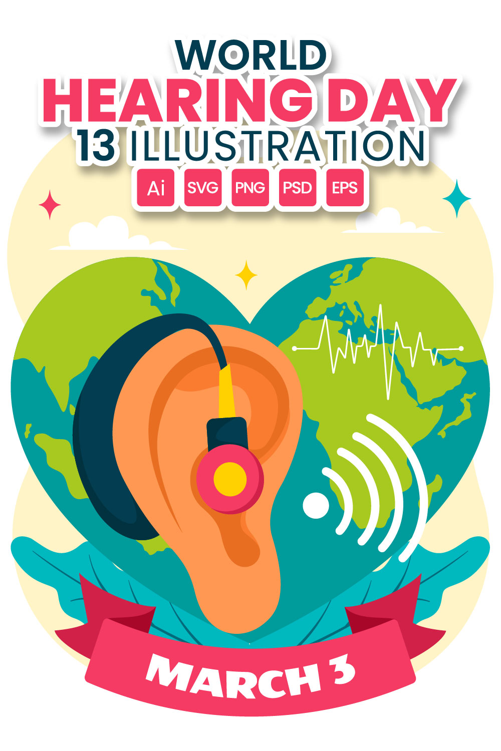 13 World Hearing Day Illustration pinterest preview image.