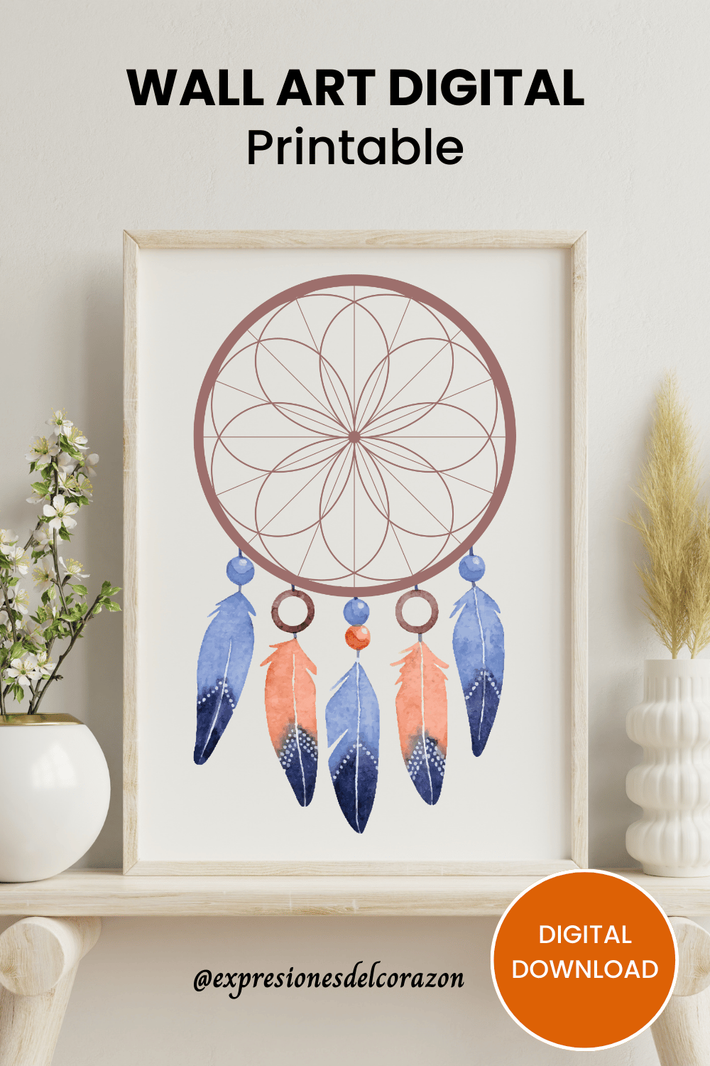 Dream catcher wall art printable, digital download pinterest preview image.