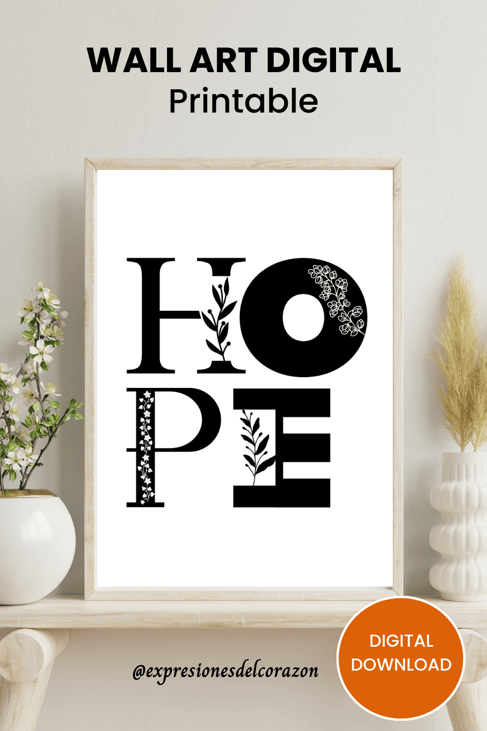 Hope wall art printable, digital download pinterest preview image.