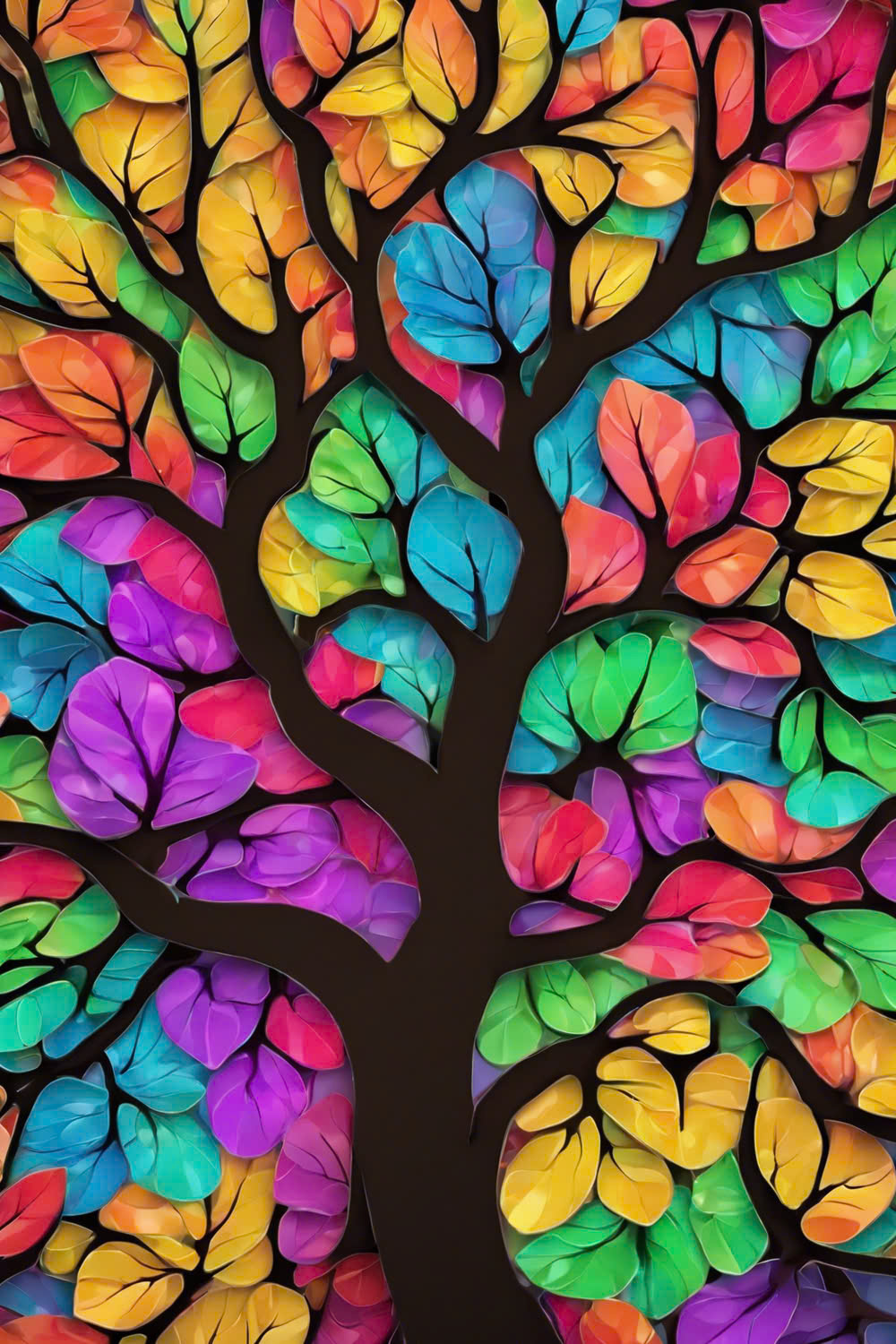 Majestic Tree of Elegance with Vibrant Multicolored Leaves and Gracefully Flowing Branches pinterest preview image.