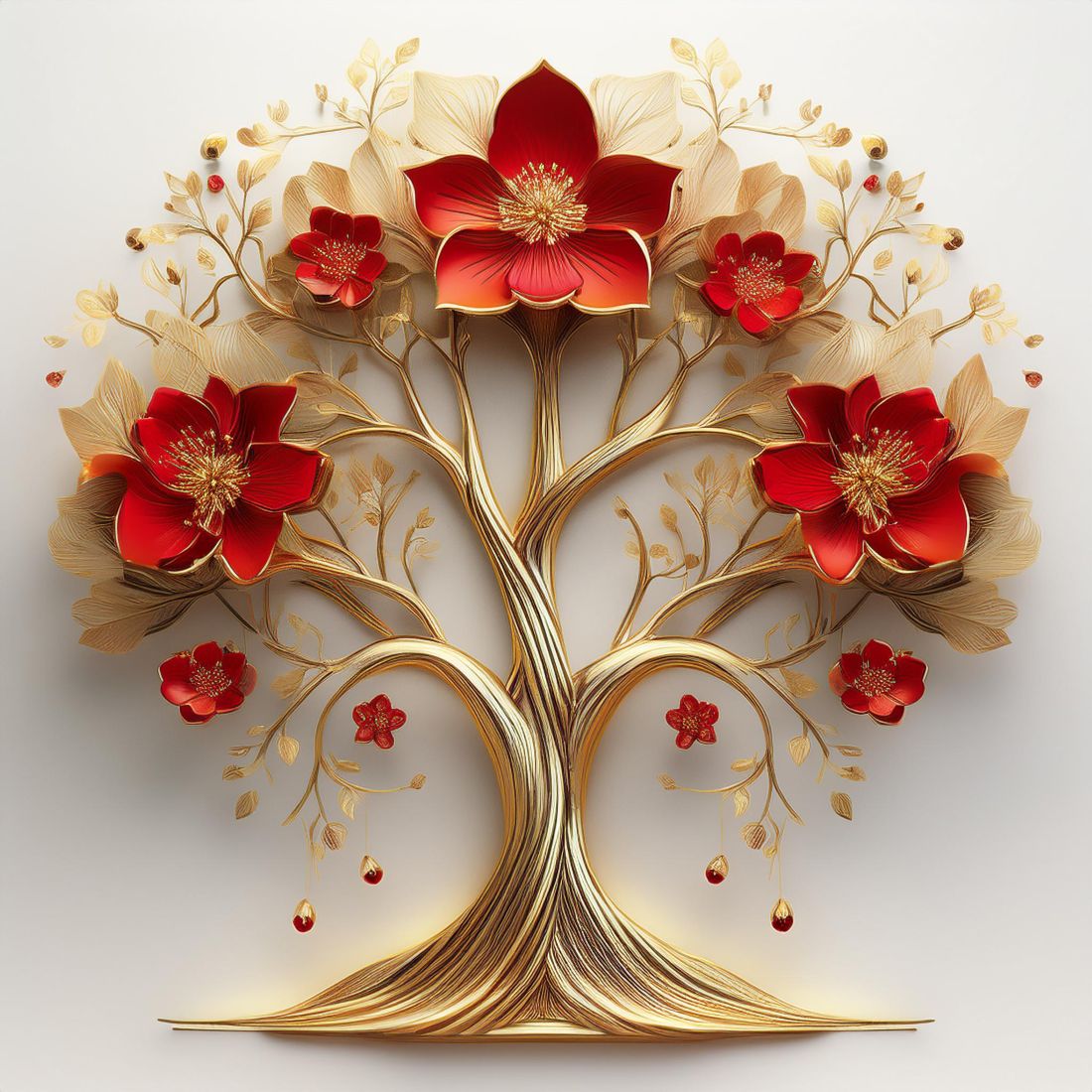 Elegant Golden Tree of Life with Vibrant Red Flowers preview image.