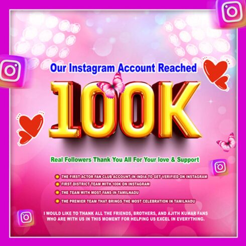 Instagram 100K reached Banner template and flyer PSD File cover image.