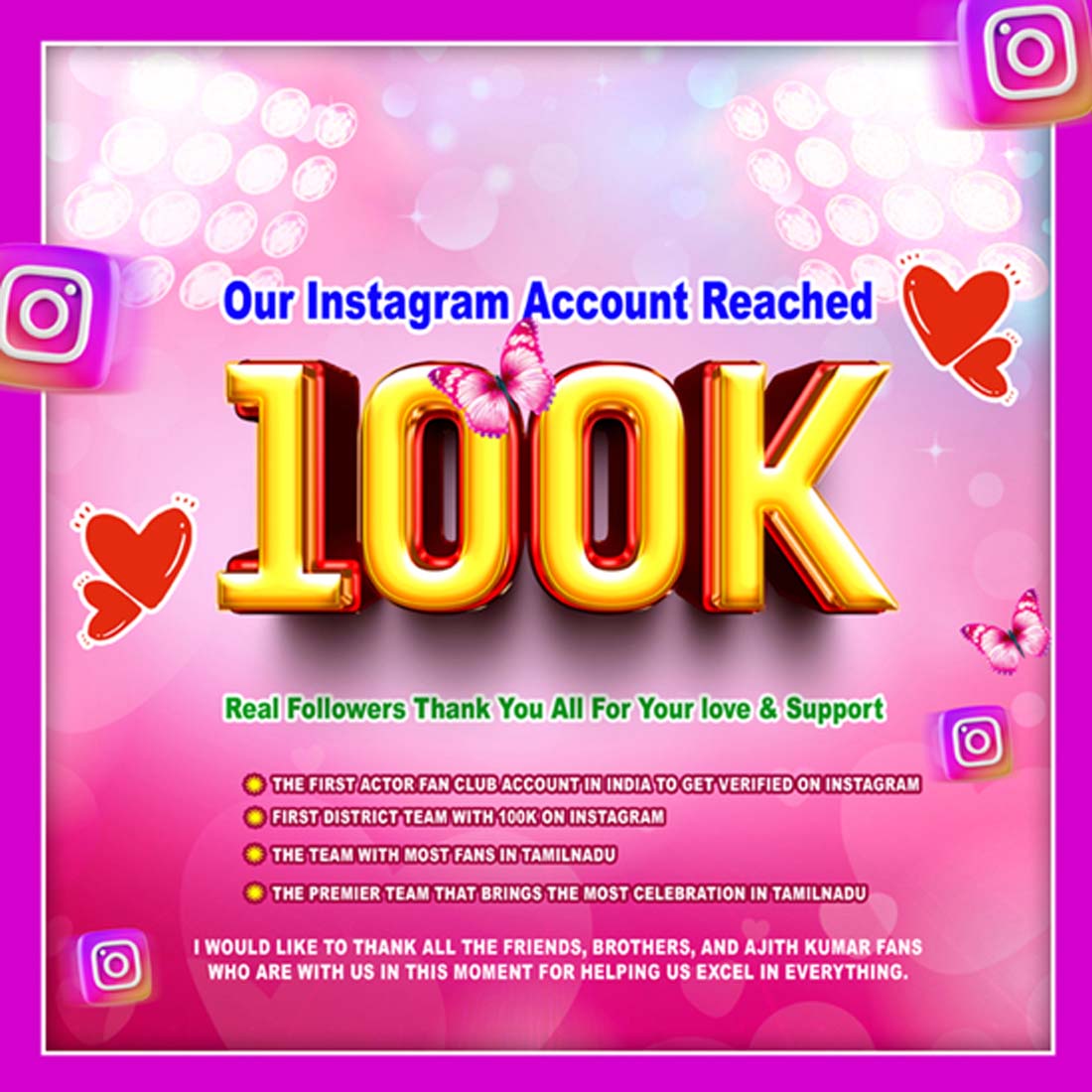 Instagram 100K reached Banner template and flyer PSD File cover image.