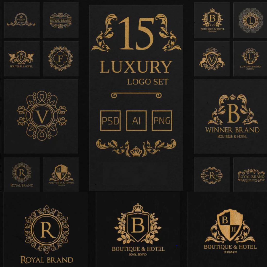 15 Luxury Logo Set in AI, PSD and PNG cover image.