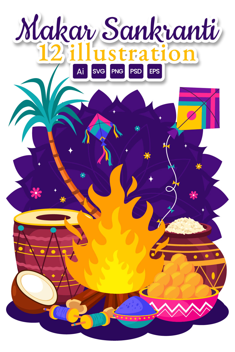 12 Makar Sankranti Celebration Illustration pinterest preview image.