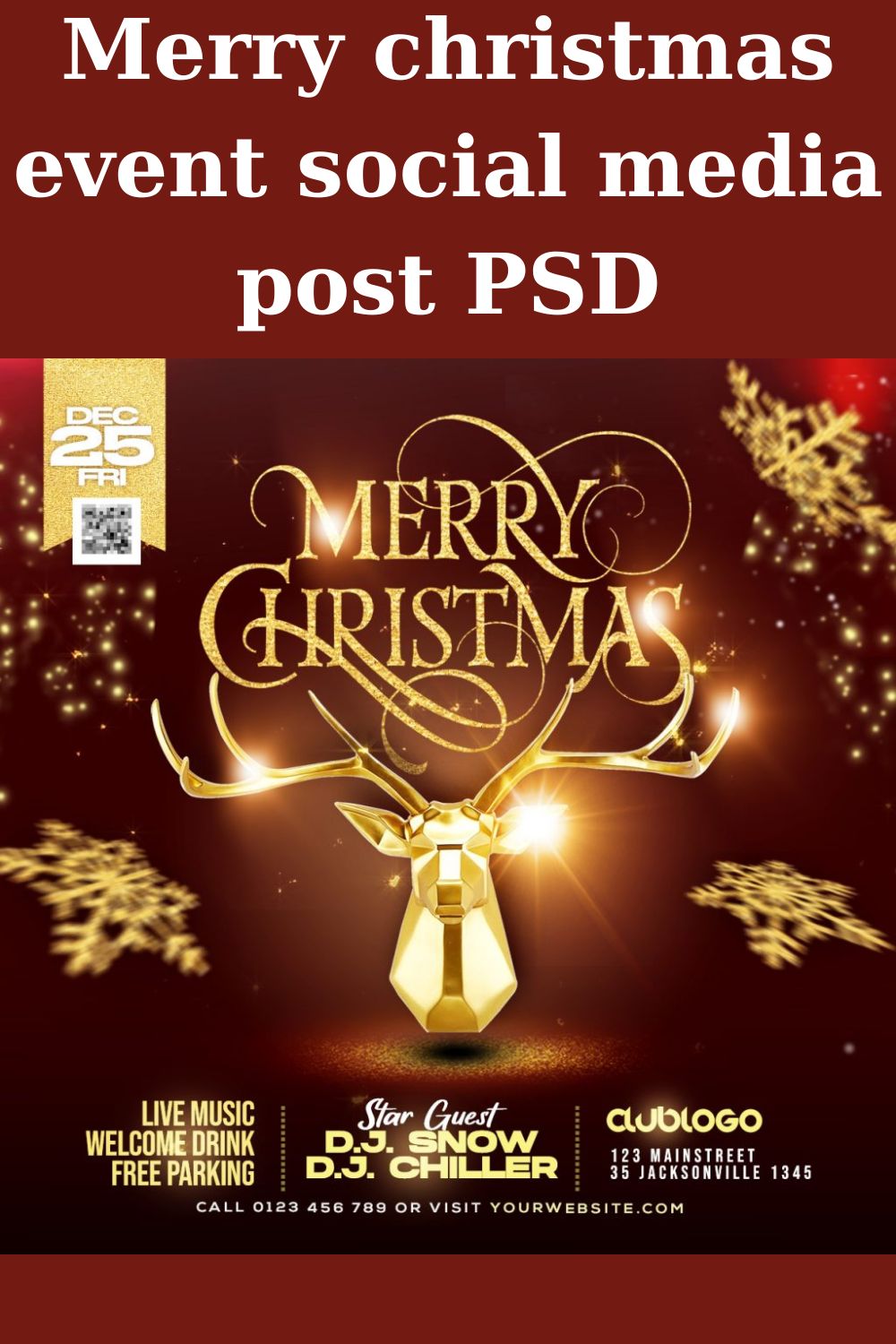 Merry christmas event social media post PSD pinterest preview image.