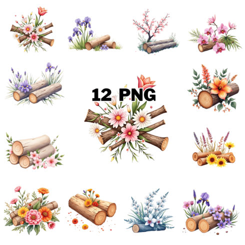 Watercolor Logs With Flower Sublimation Clipart Bundle cover image.