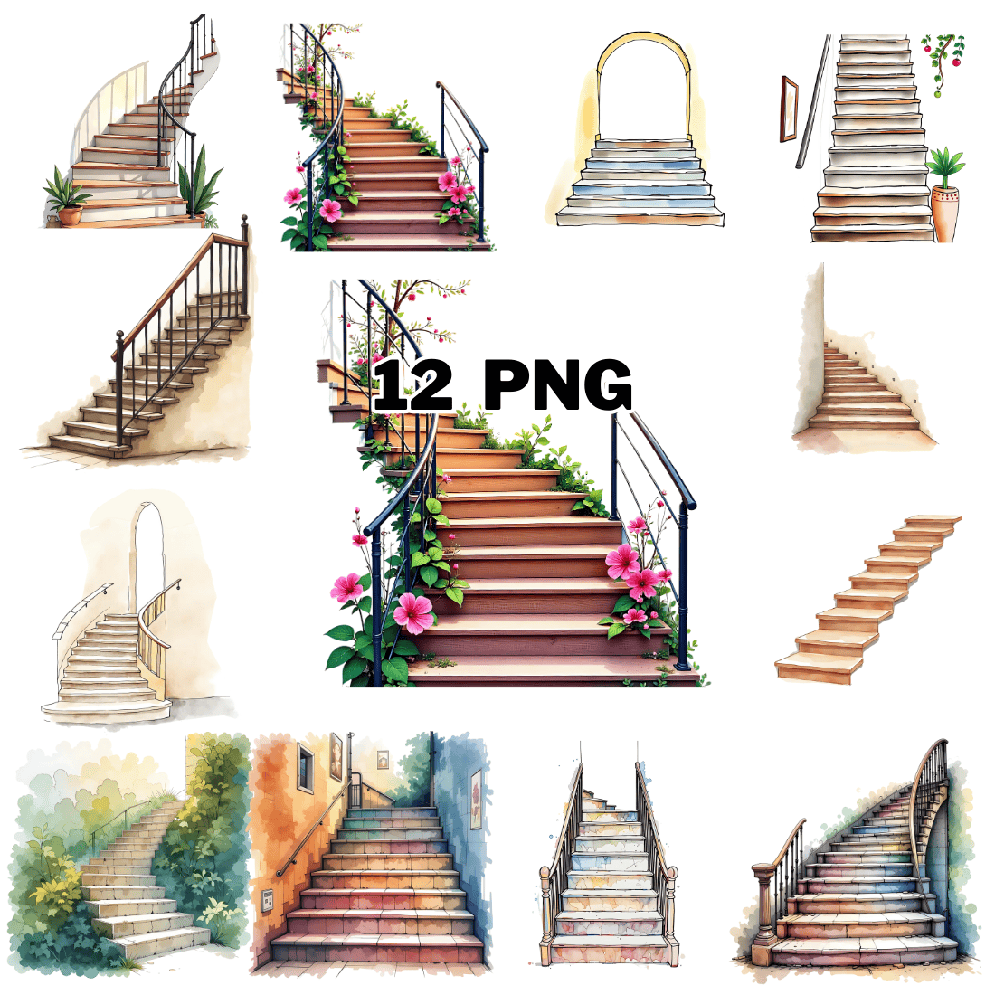 Watercolor Stair Sublimation Clipart Bundle cover image.