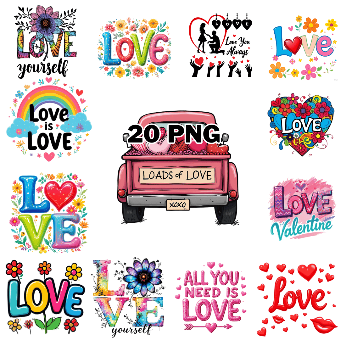 Watercolor Love Typography Sublimation Clipart Bundle cover image.