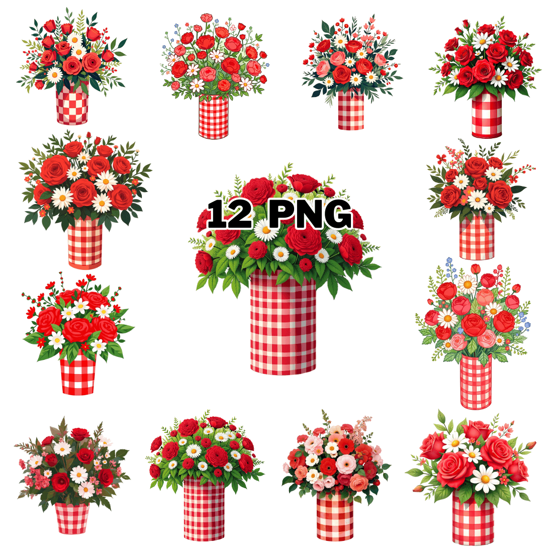 Flower Bouquet in Gingham Vase Sublimation Clipart Bundle cover image.