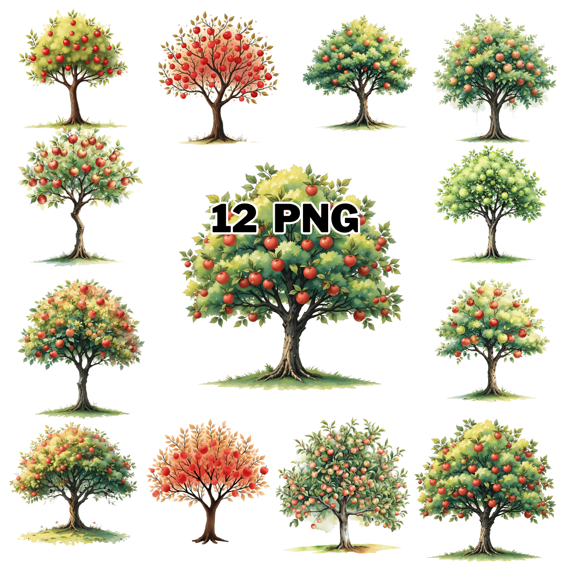 Watercolor Apple Tree Sublimation Clipart Bundle cover image.