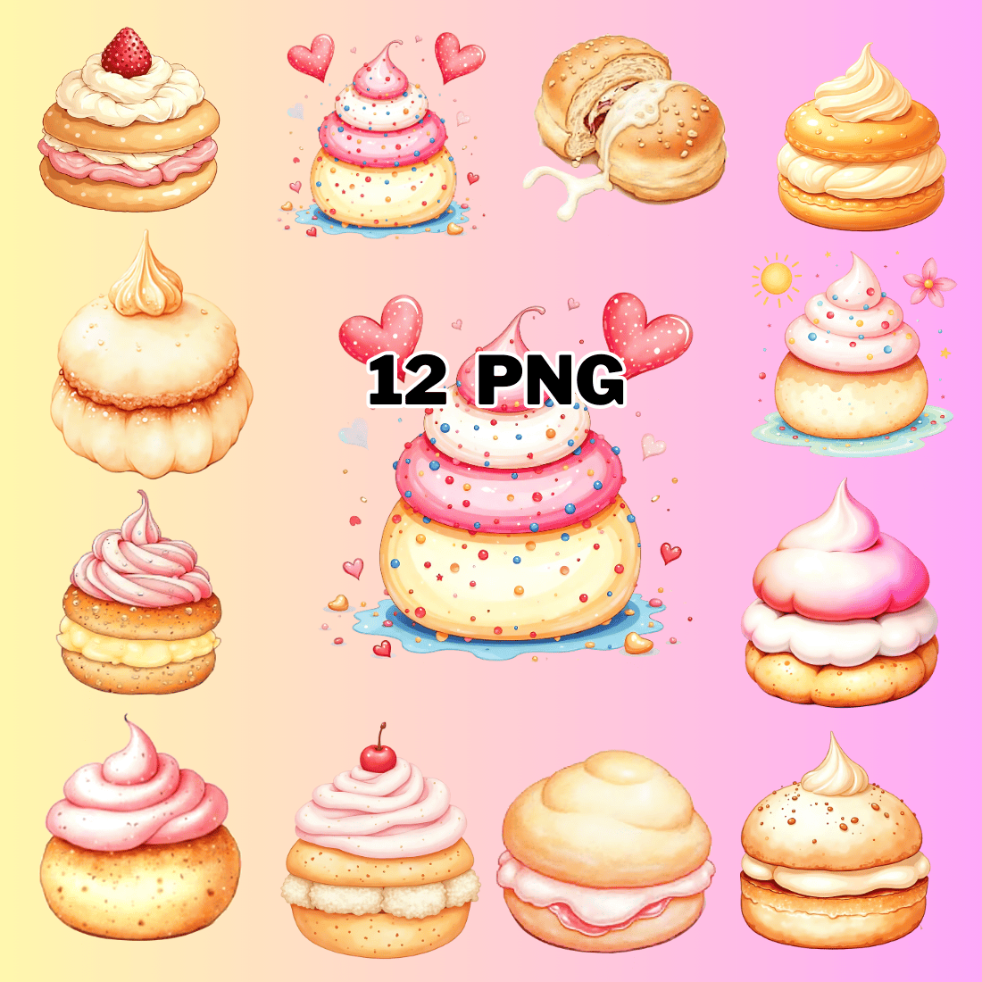 Watercolor Cream Puff Sublimation Clipart Bundle preview image.