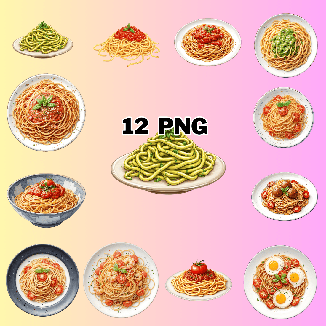 Watercolor Spaghetti Sublimation Clipart Bundle preview image.