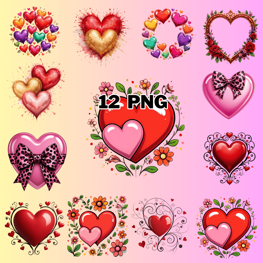 Watercolor Valentine’s Day Heart Sublimation Clipart Bundle preview image.