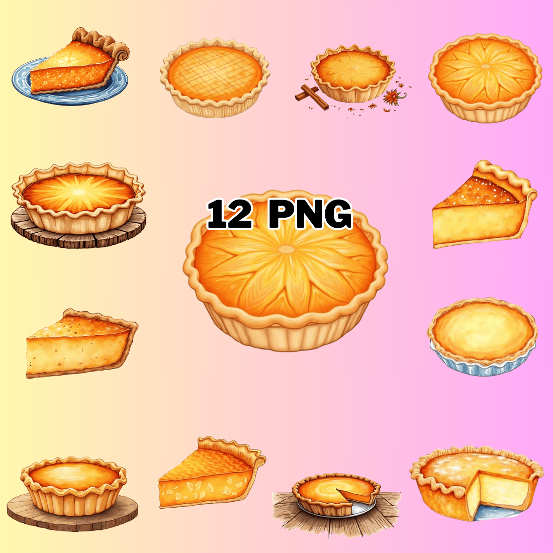 Watercolor Pumpkin Pie Sublimation Clipart Bundle preview image.