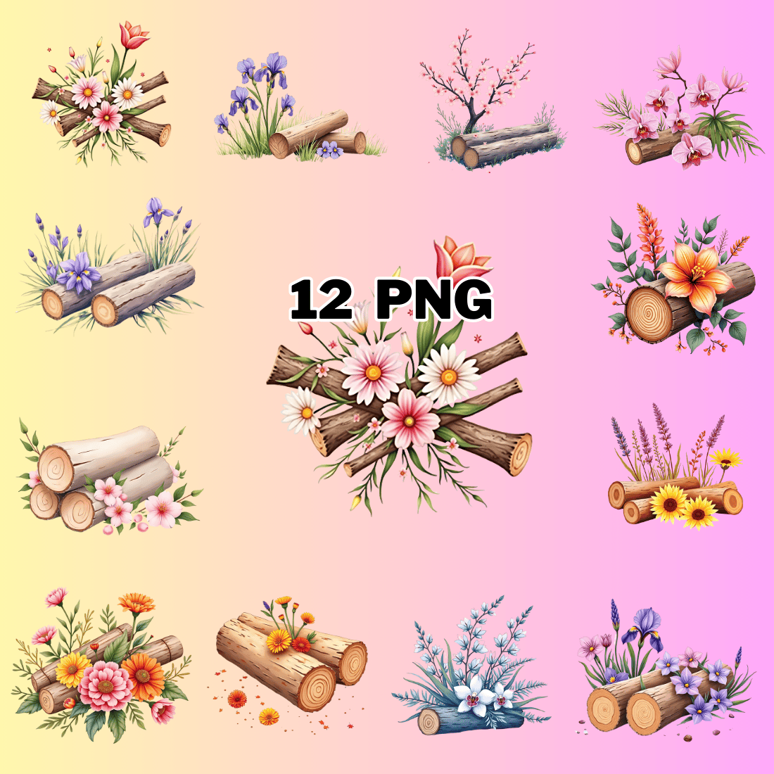 Watercolor Logs With Flower Sublimation Clipart Bundle preview image.