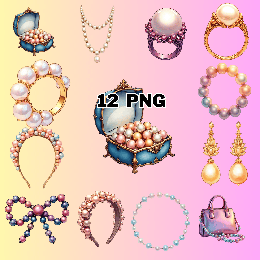 Watercolor Pearl Jewelry Sublimation Clipart Bundle preview image.