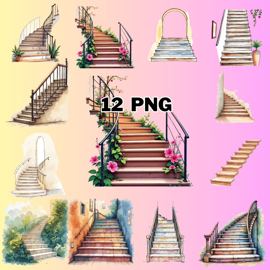 Watercolor Stair Sublimation Clipart Bundle preview image.