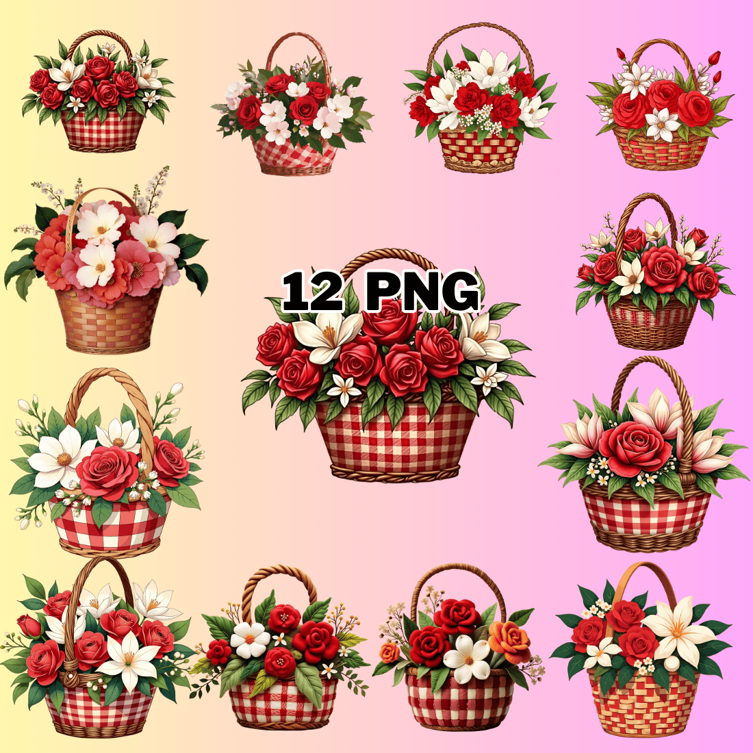 Watercolor Colorful Flower Basket Sublimation Clipart Bundle preview image.