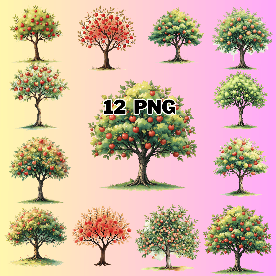 Watercolor Apple Tree Sublimation Clipart Bundle preview image.