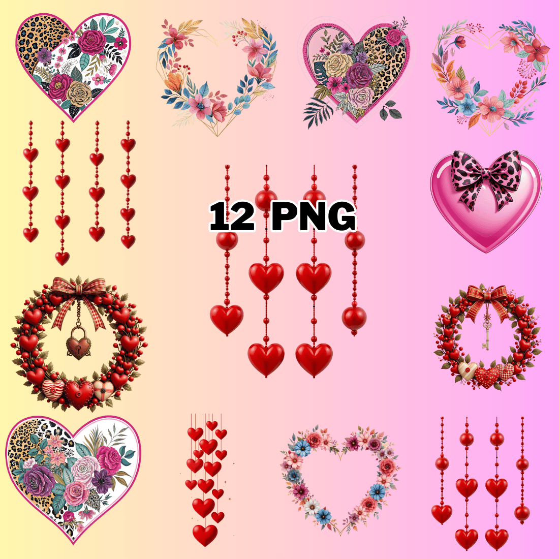 Watercolor Romantic Heart Sublimation Clipart Bundle preview image.