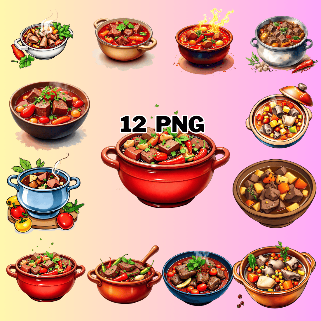 Watercolor Pepper Pot Soup Sublimation Clipart Bundle preview image.