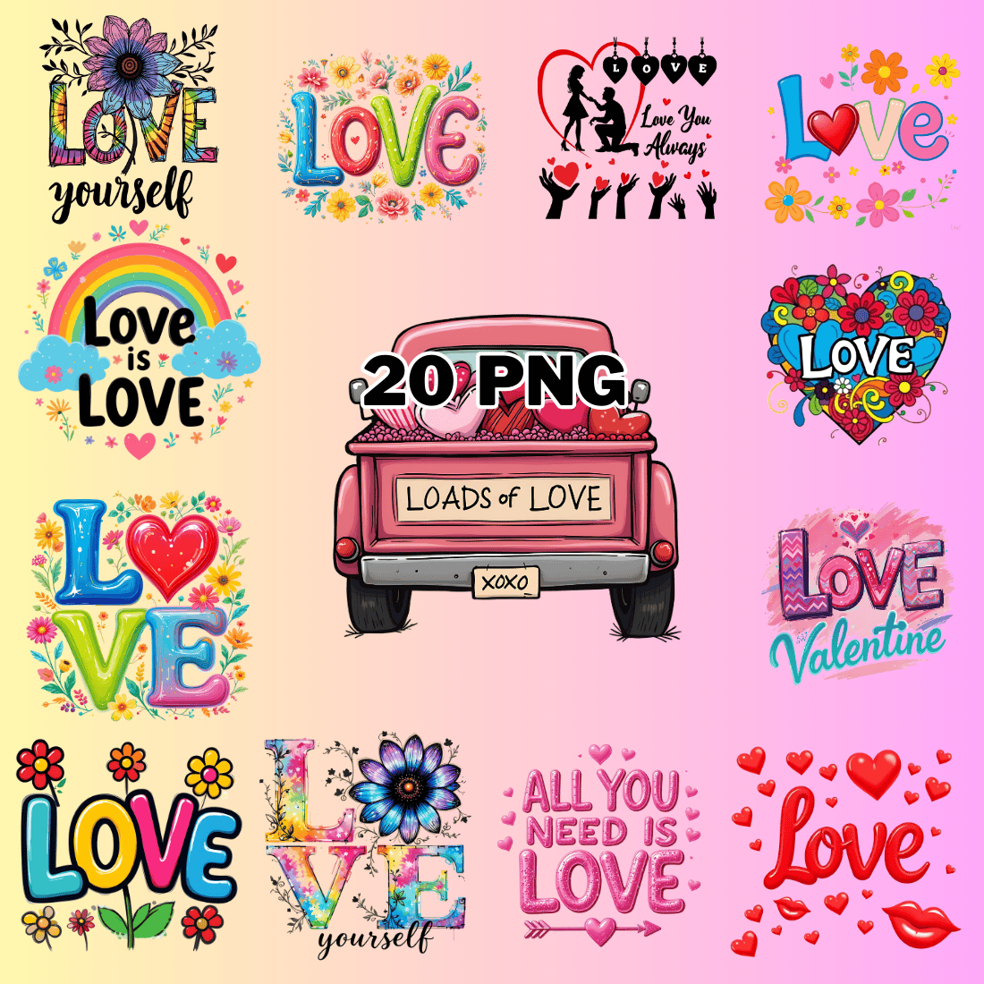 Watercolor Love Typography Sublimation Clipart Bundle preview image.