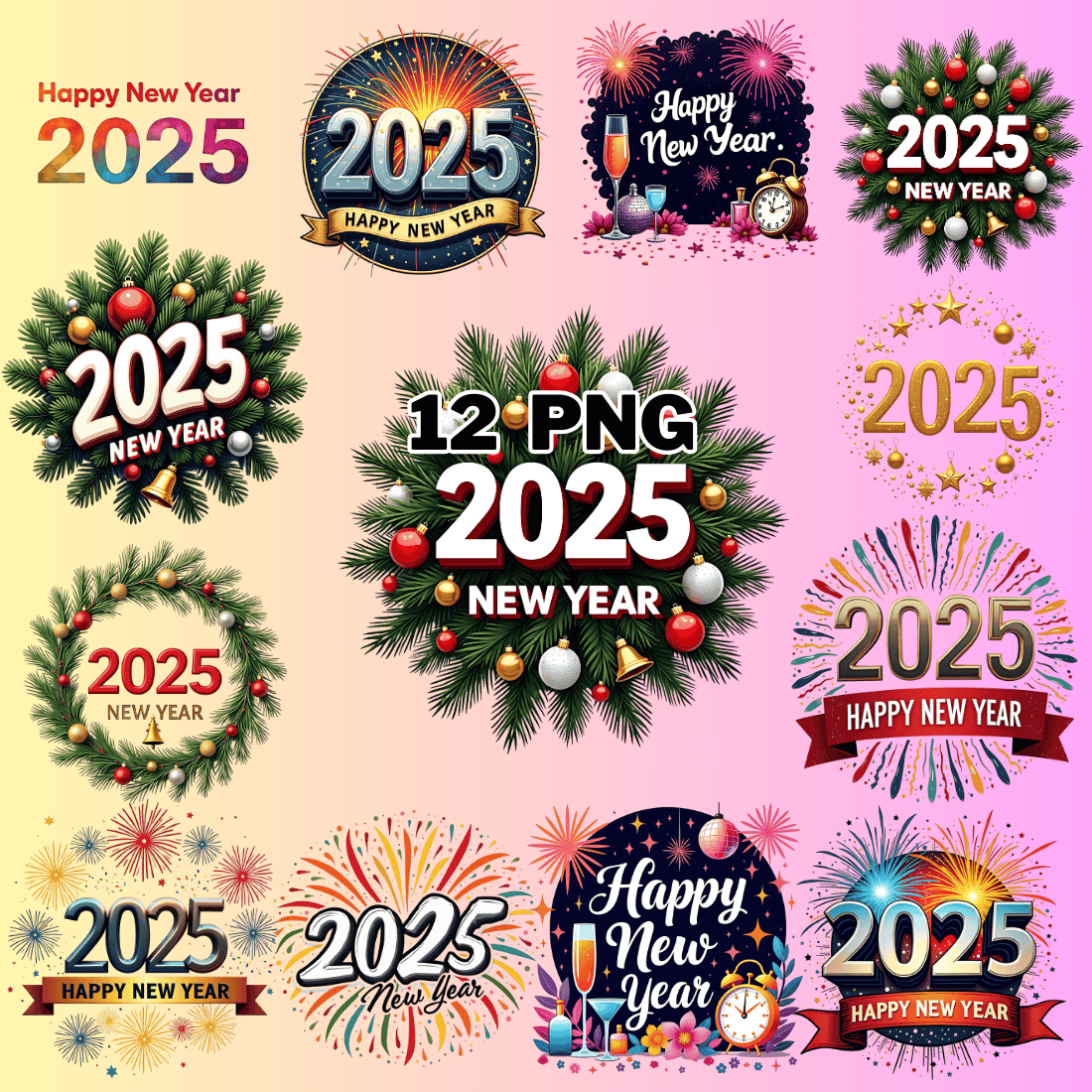 Happy New Year 2025 Sublimation Clipart Bundle preview image.