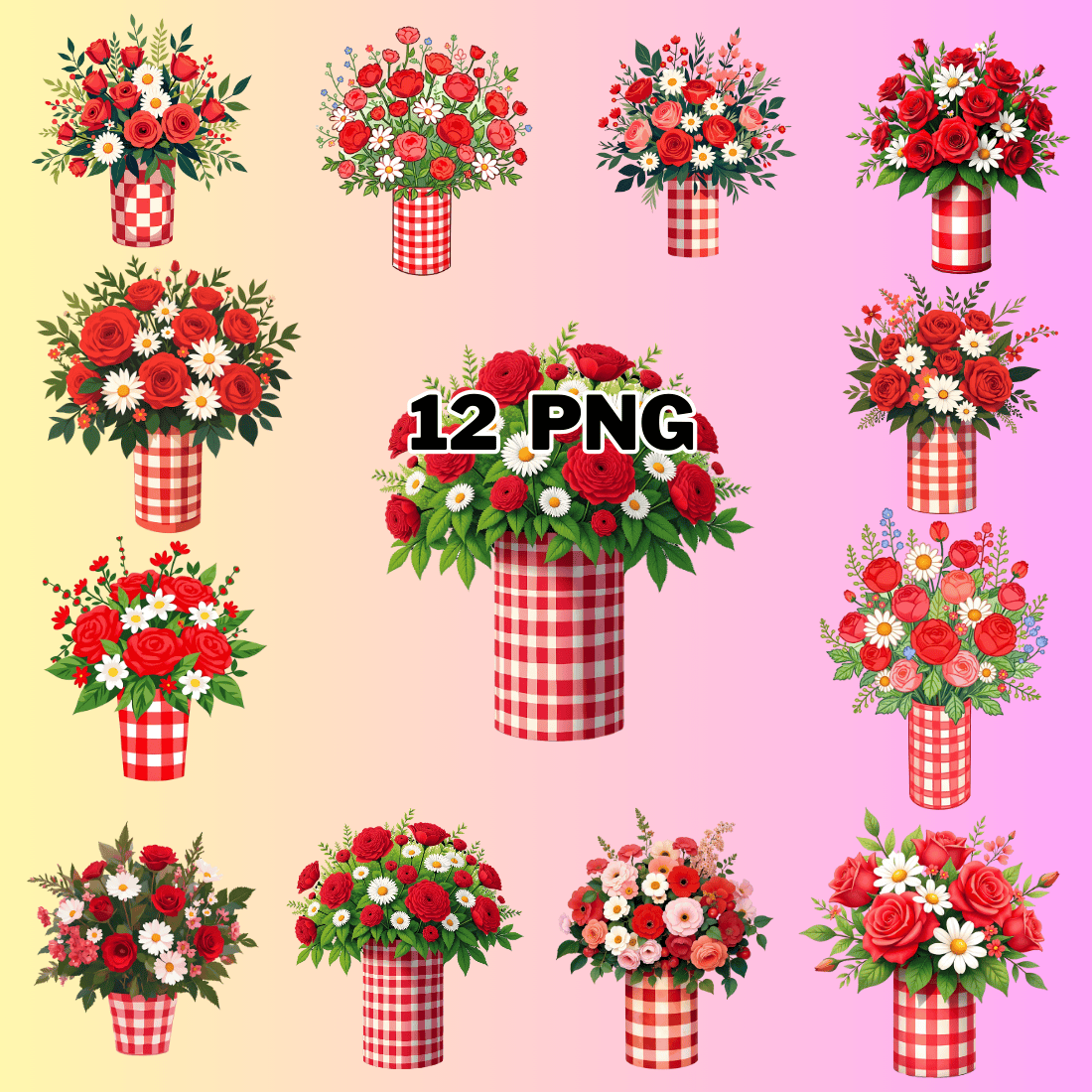 Flower Bouquet in Gingham Vase Sublimation Clipart Bundle preview image.