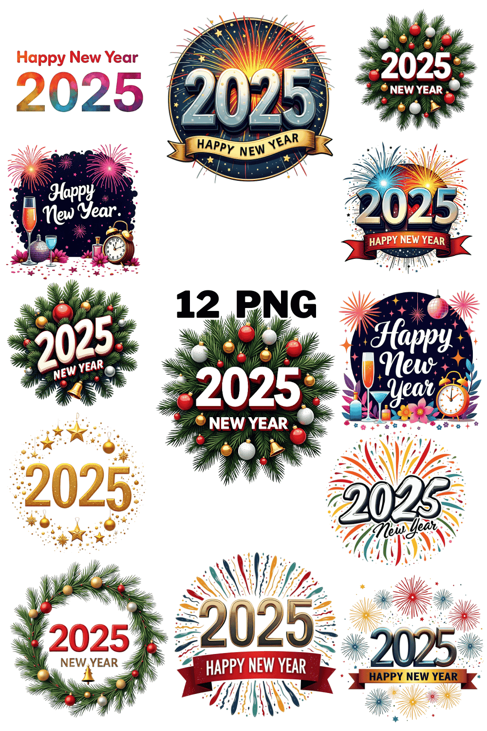 Happy New Year 2025 Sublimation Clipart Bundle pinterest preview image.