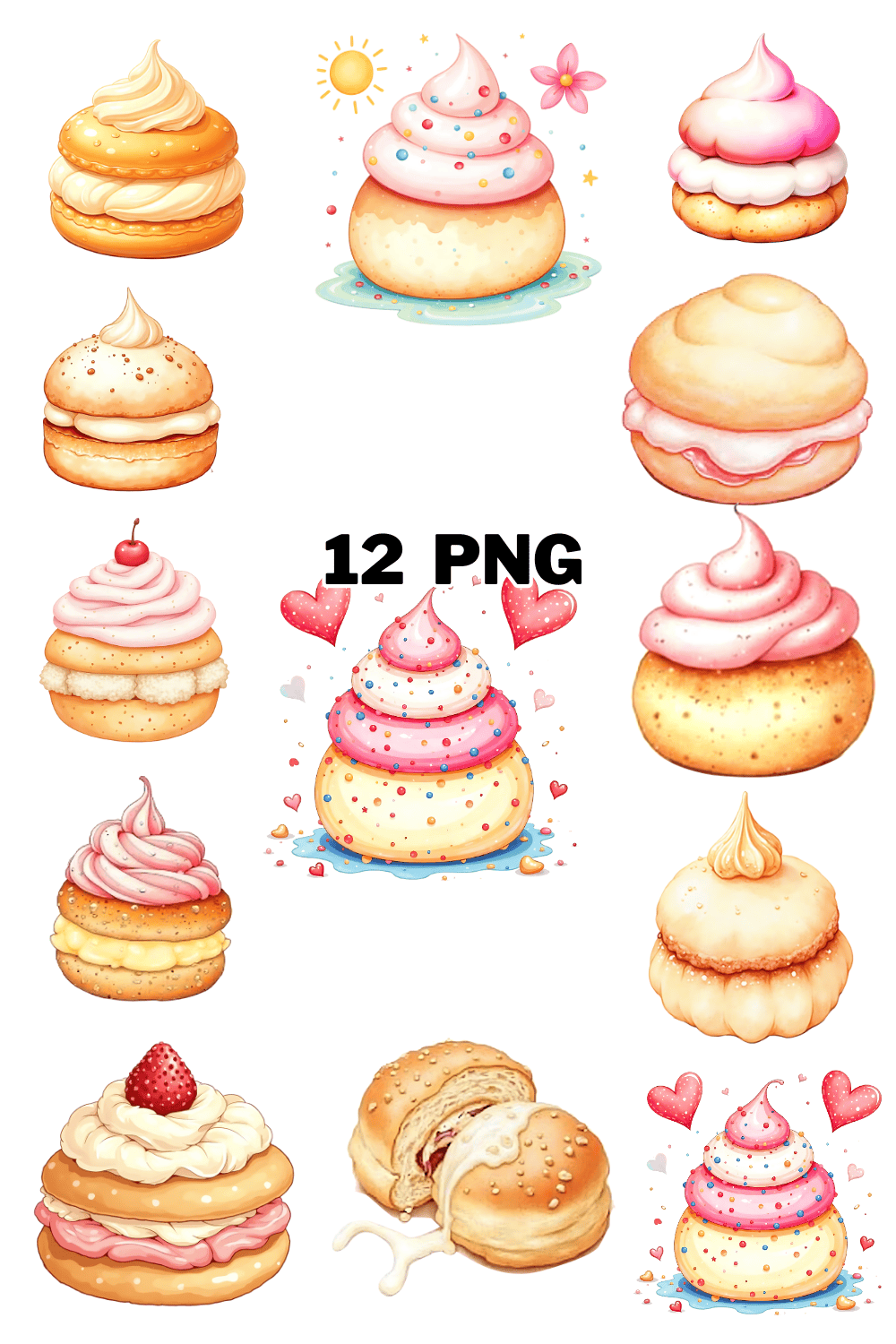 Watercolor Cream Puff Sublimation Clipart Bundle pinterest preview image.