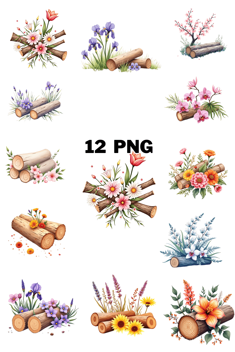 Watercolor Logs With Flower Sublimation Clipart Bundle pinterest preview image.