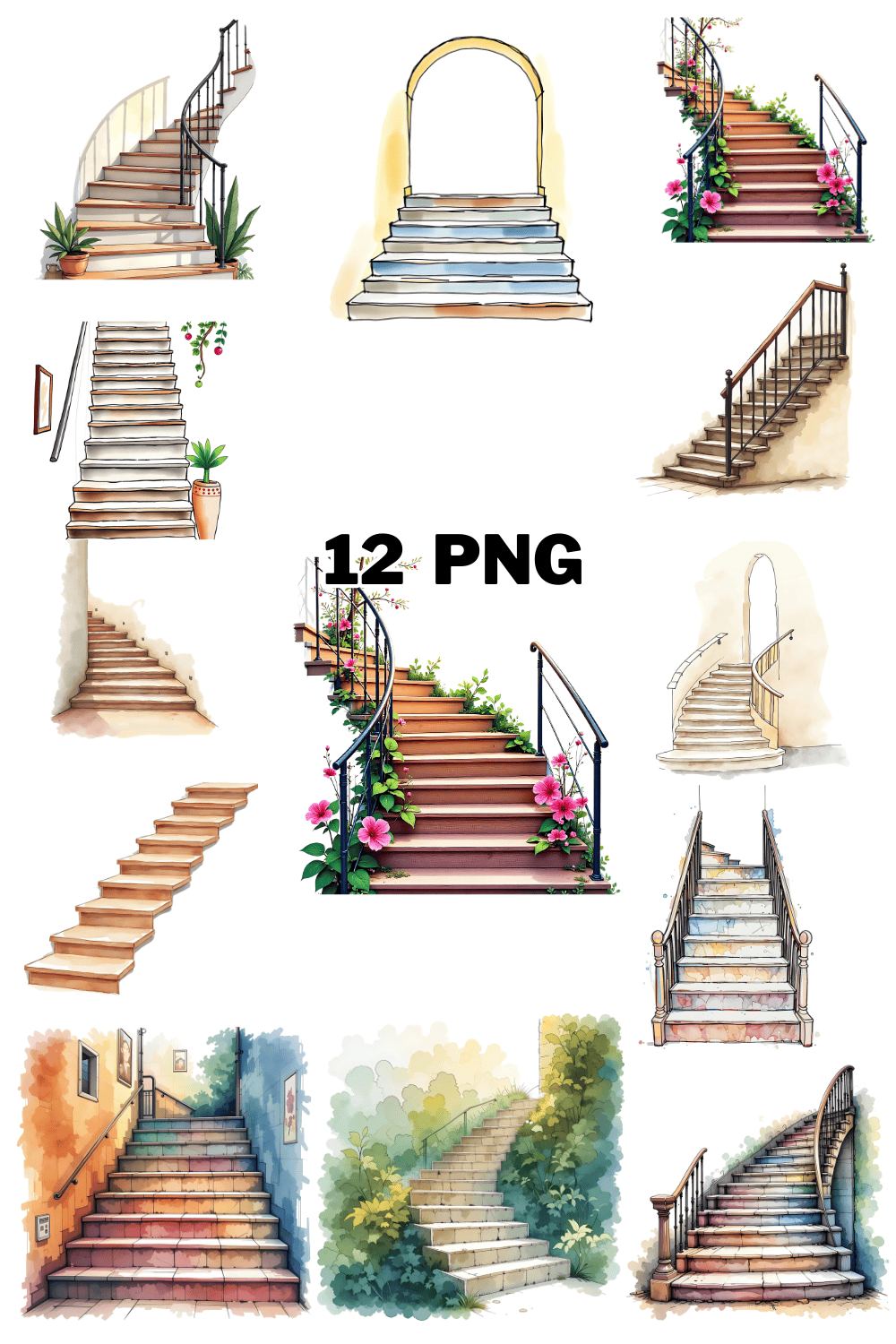 Watercolor Stair Sublimation Clipart Bundle pinterest preview image.