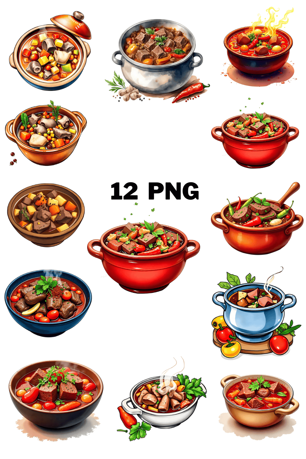 Watercolor Pepper Pot Soup Sublimation Clipart Bundle pinterest preview image.