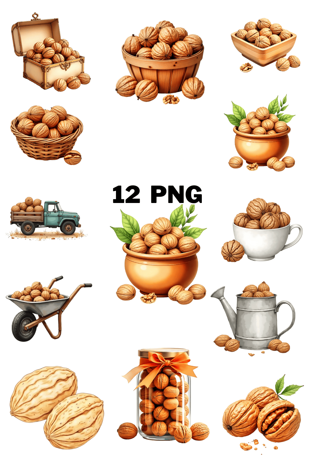 Watercolor Walnuts Sublimation Clipart Bundle pinterest preview image.