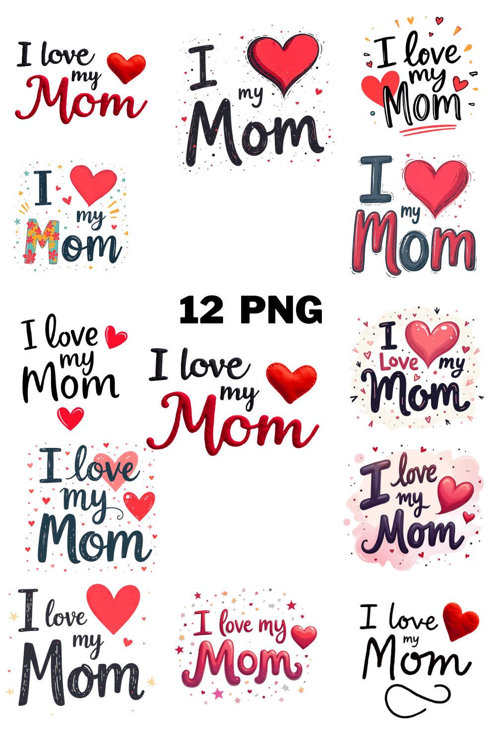 Watercolor I love My Mom Text Sublimation Clipart Bundle pinterest preview image.