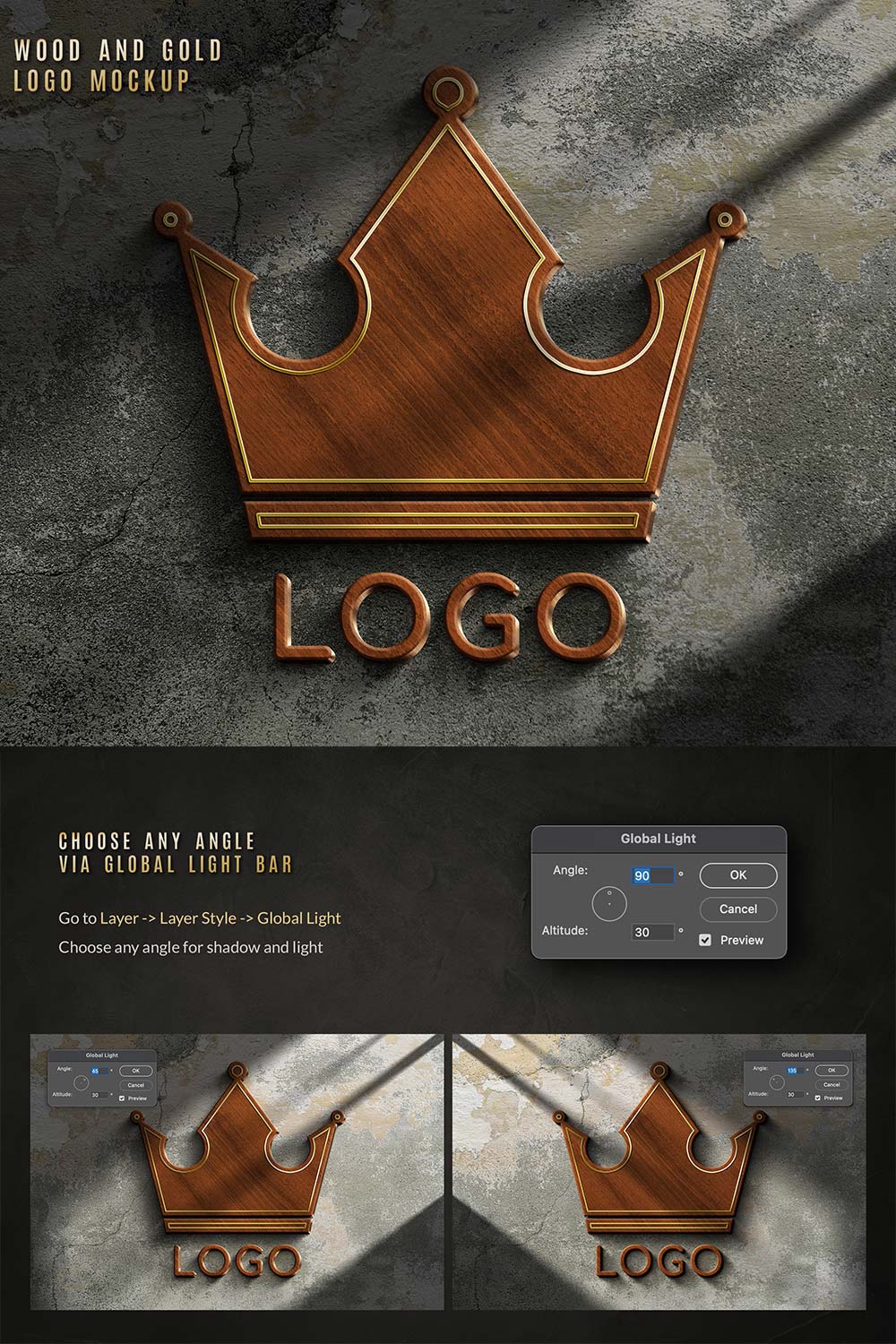 Wood & Gold Logo Mockup pinterest preview image.