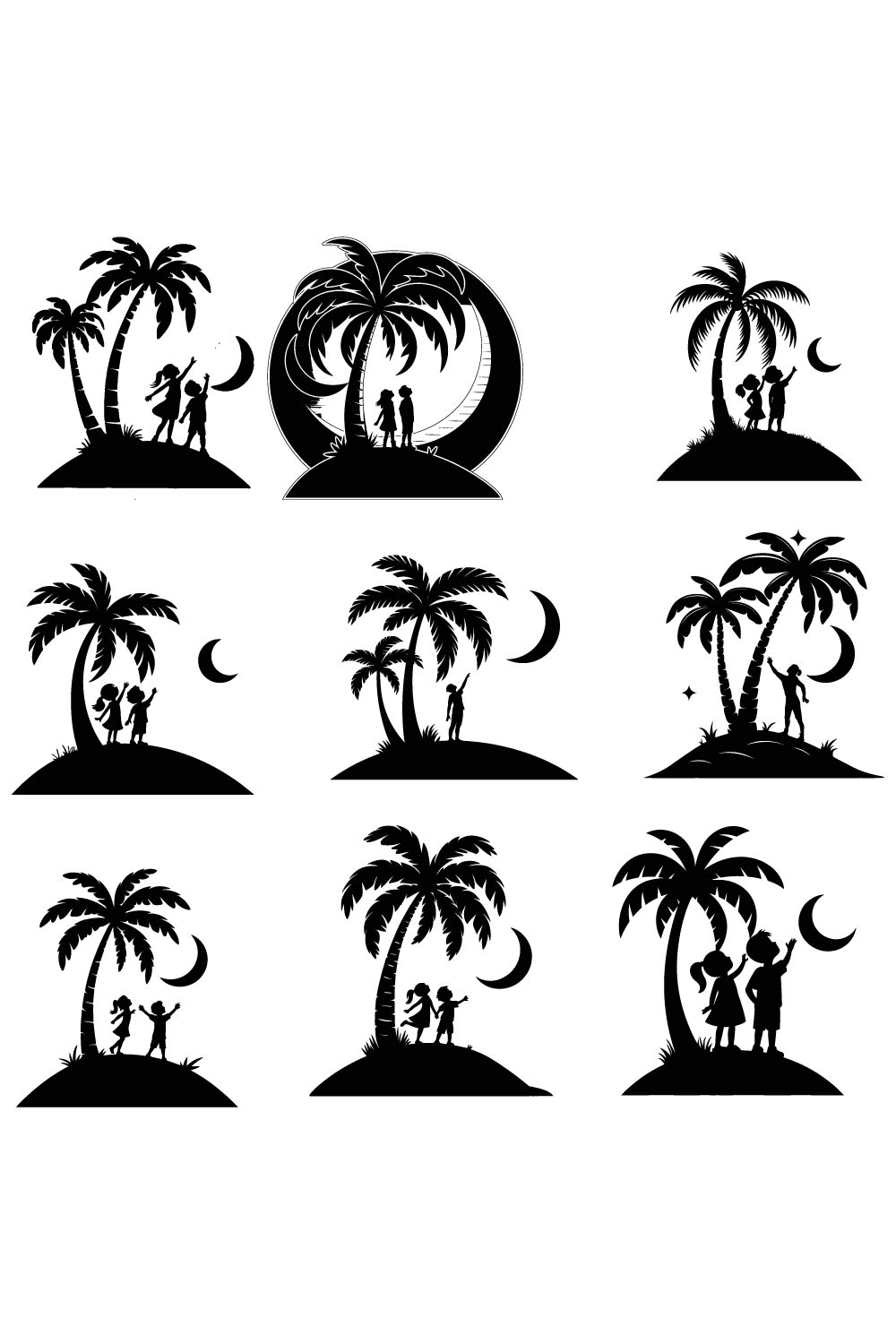 9 Pes Children Under Moonlit Palm Tree Silhouette of palm tree icons Design Bundle pinterest preview image.