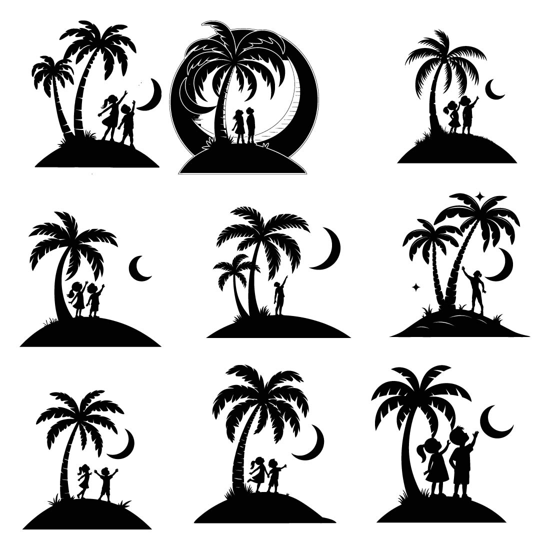 9 Pes Children Under Moonlit Palm Tree Silhouette of palm tree icons Design Bundle cover image.