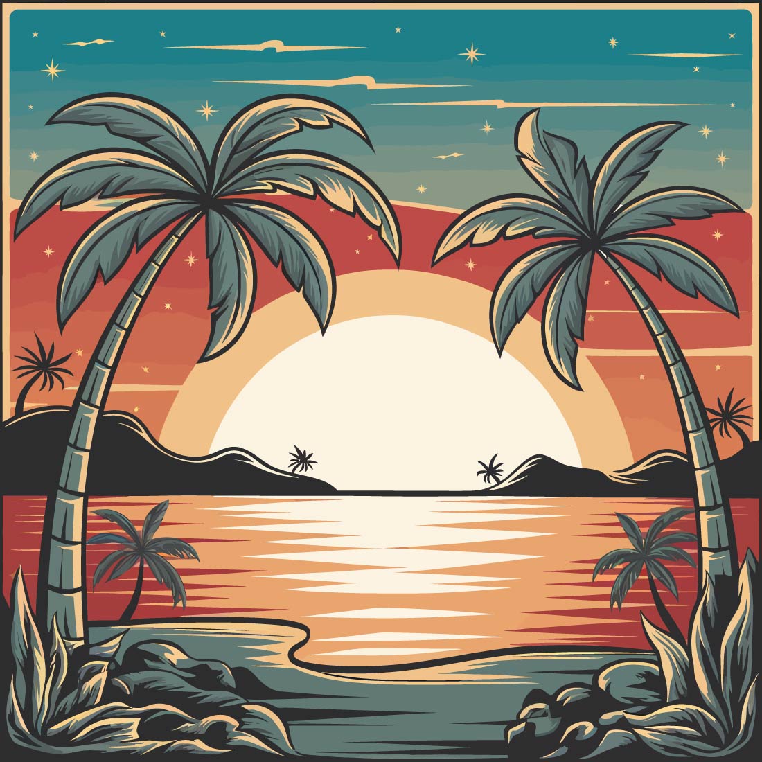 7 Sunset Palm Trees Framing a Radiant Sunset design bundle cover image.