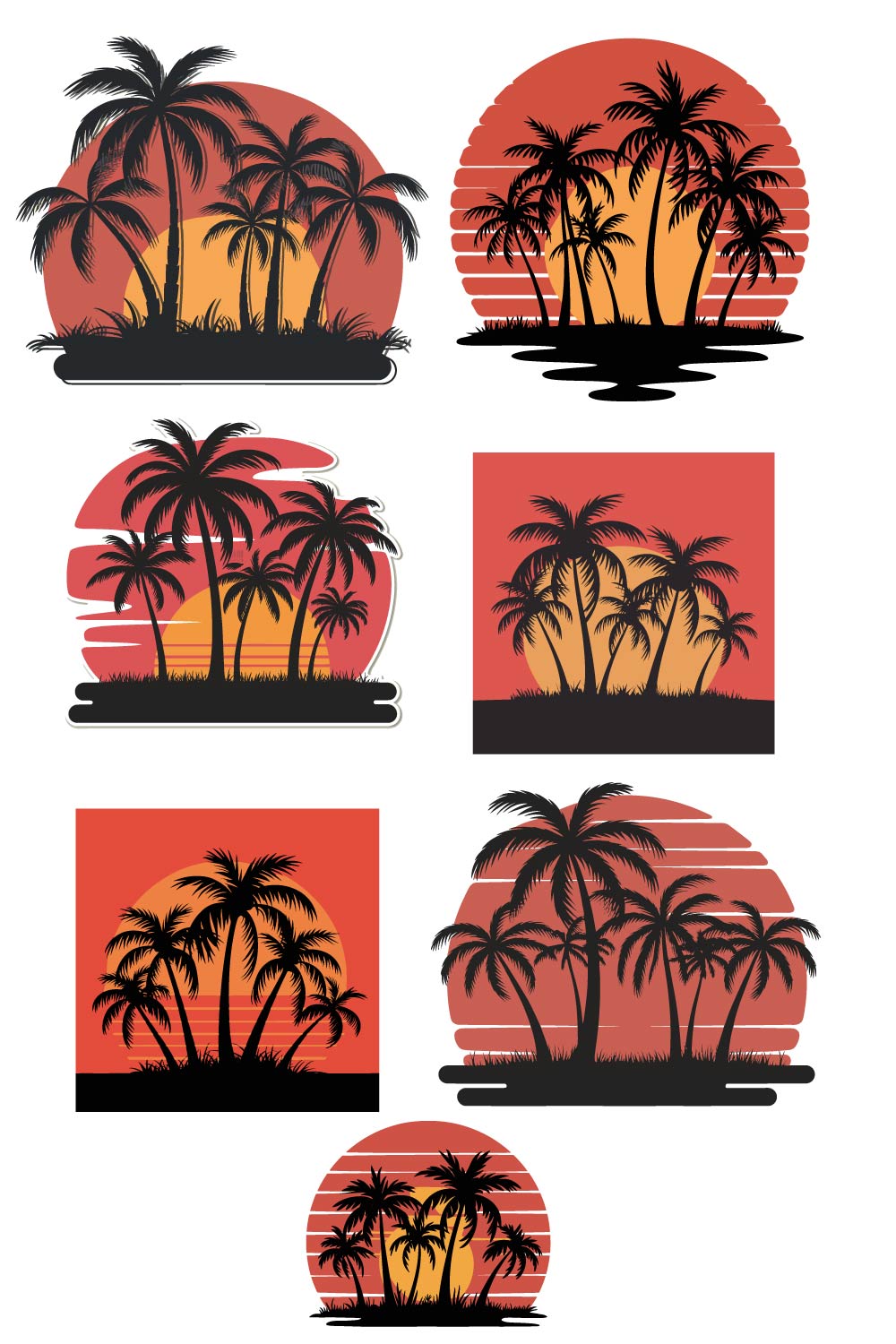 7 Pes Tropical Palm Trees Against Sunset Horizon palm tree icons Design Bundle pinterest preview image.