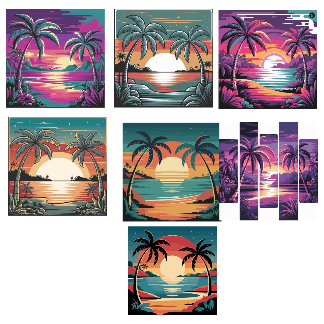 7 Sunset Palm Trees Framing a Radiant Sunset design bundle preview image.