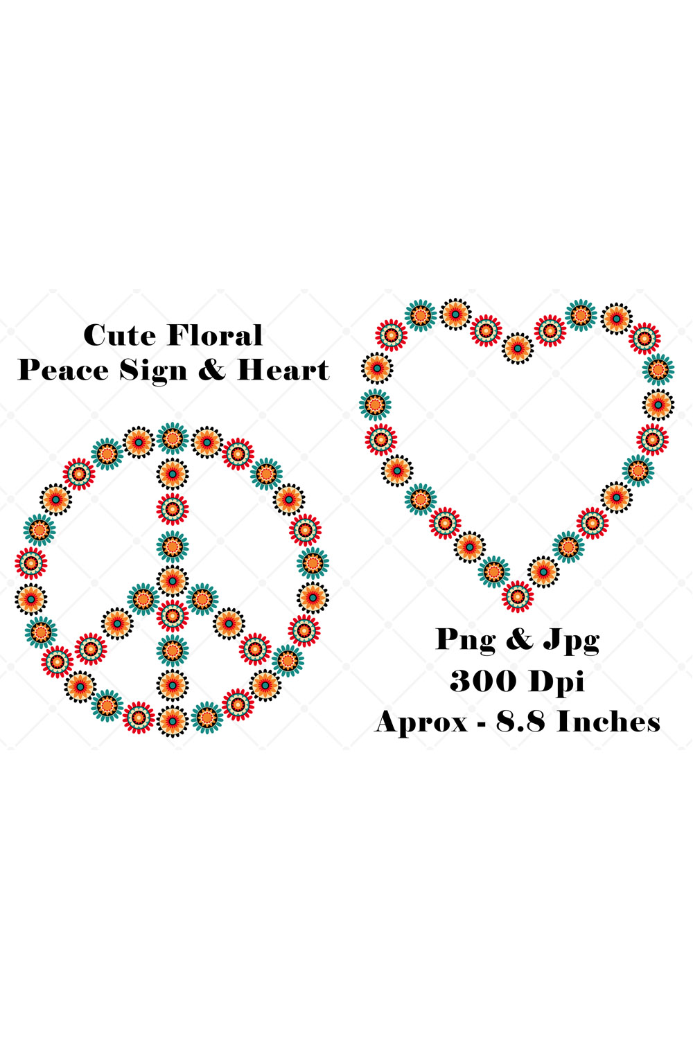 Cute Floral Peace Sign and Heart pinterest preview image.