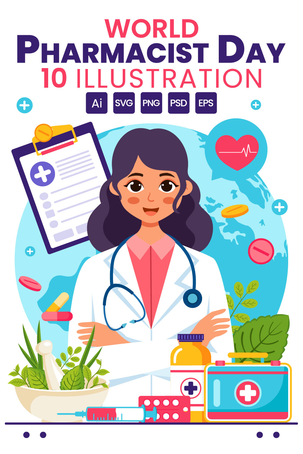 10 World Pharmacists Day Illustration pinterest preview image.