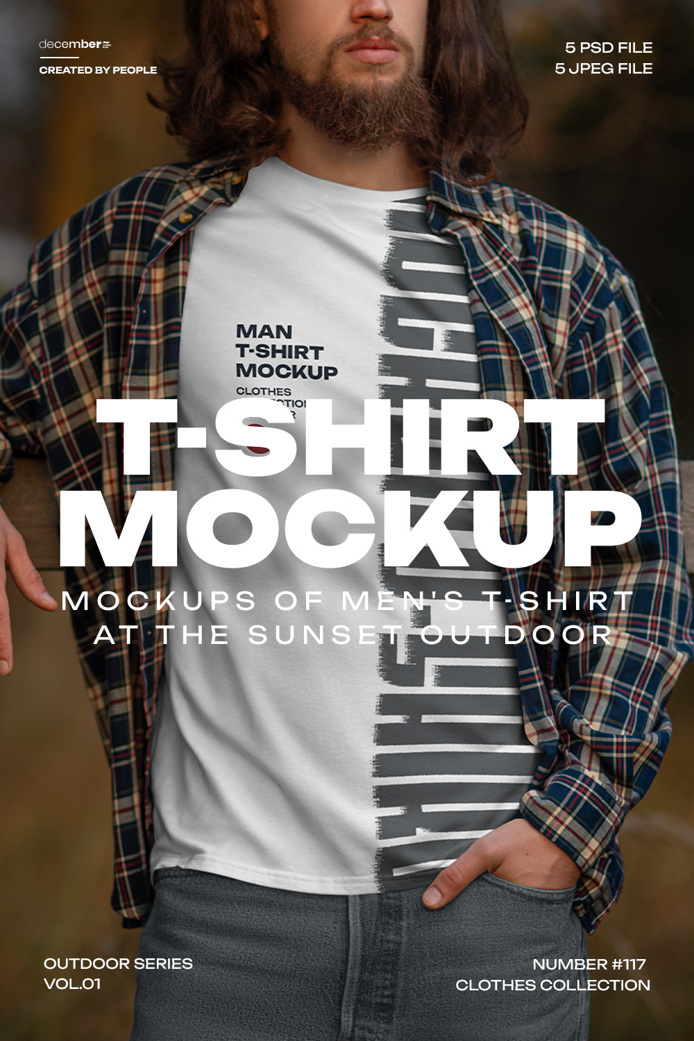 5 Mockups of Men's T-Shirt at the Sunset Outdoor pinterest preview image.