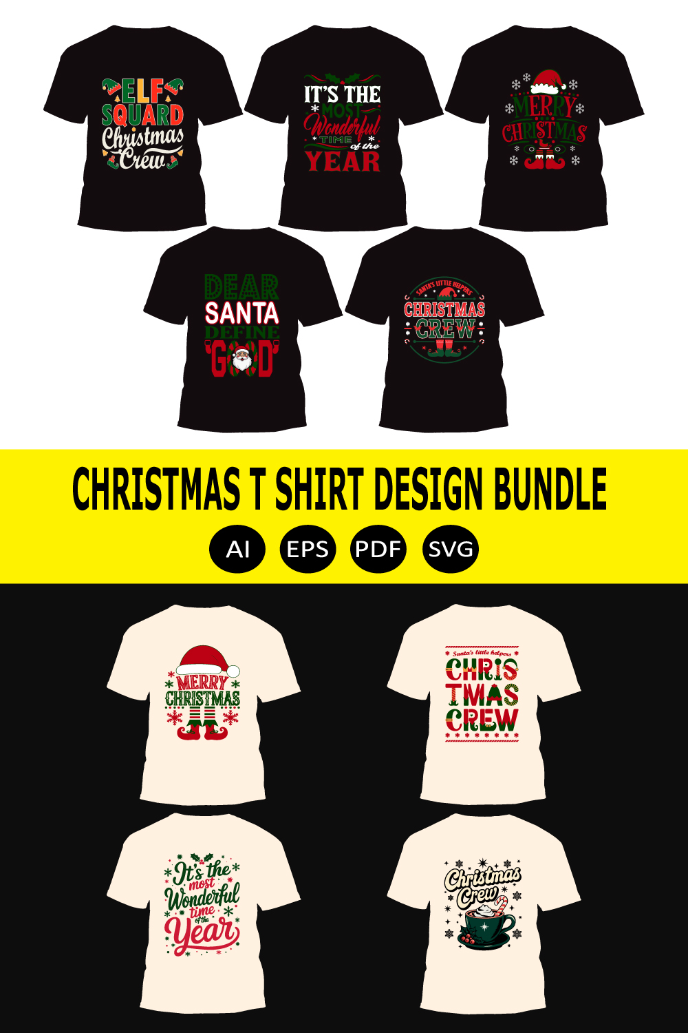 Christmas Typography T-shirt Designs Bundle pinterest preview image.