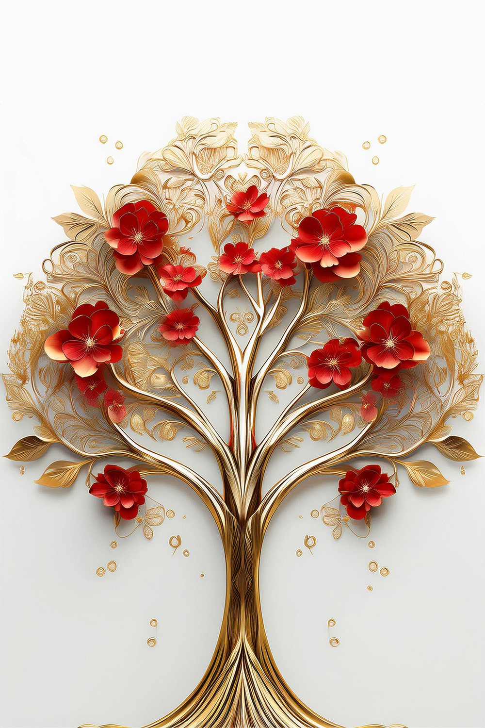 Elegant Golden Tree of Life with Vibrant Red Flowers pinterest preview image.