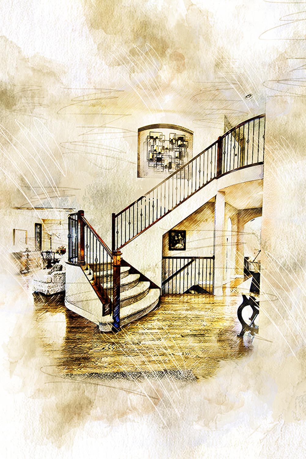 Interior Watercolor Art Photoshop Action pinterest preview image.